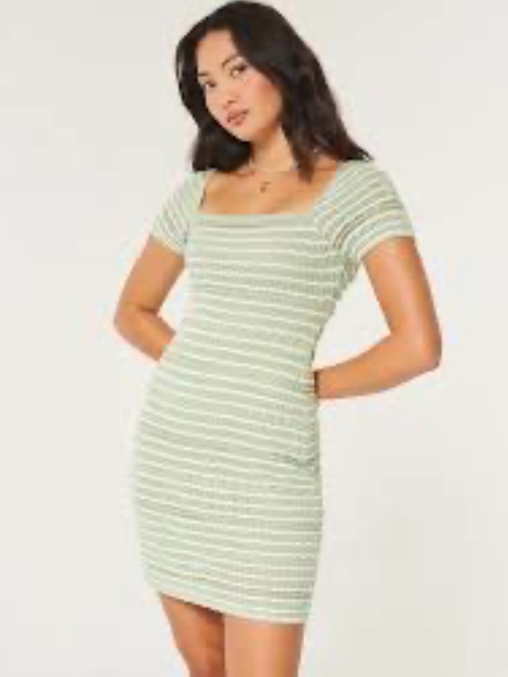 Hollister Green and White Striped Square Neck Bodycon Mini Dress